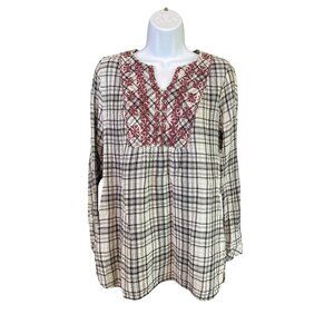Westbound  Peasant Top L Plaid Embroidered Long Sleeve Cotton Tunic Boho Rustic